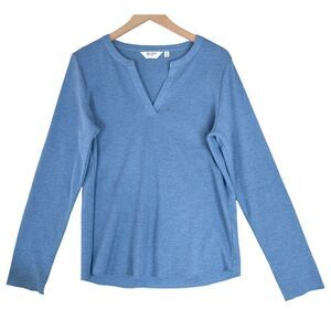 Candace Cameron Bure Waffle Knit Henley Top Size M Blue Long Sleeve Button Neck